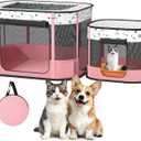 Portable Cat Playpen with litter box area, Foldable Pet Dog Playpen, for Kitten Puppy Play Pen Indoor/Outdoor, Cats Enclosure Cages Tent with Carrying Case, 600D Oxford 8-Rods, 32"x24"x22", Pink