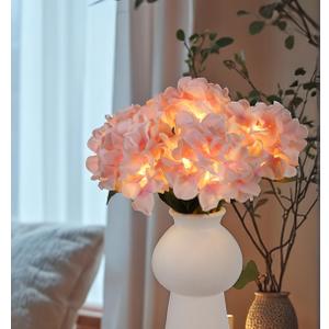 HOMESEASONS Artificial Hydrangea Bouquet Lamp Faux Hydrangea Flowers with LED Lights, Faux Flowers Night Light for Home Office Party Holiday Wedding Decor Gift of Anniversary Birthday (Pink)