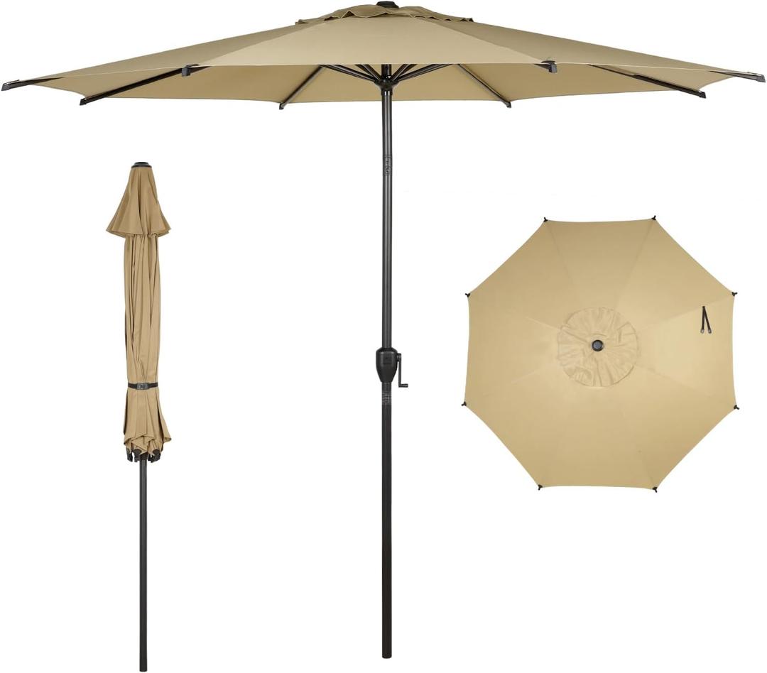 Abba Patio 9FT Lyon Outdoor Patio Umbrella Outdoor Table Umbrella with Push Button Tilt and Crank Market Umbrella 8 Sturdy Ribs UV Protection Waterproof for Garden Deck Backyard Pool Tan