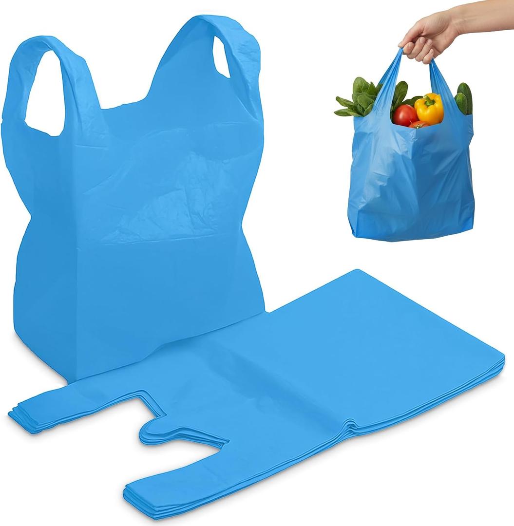 FERRIS 200 Count Large Plastic Shopping Bags with Handles (11"x17"x21") | Heavy-Duty Vest-Style Carrier Bags for Grocery Stores, Retail, Takeout, Markets & Kitchen Use - Blue