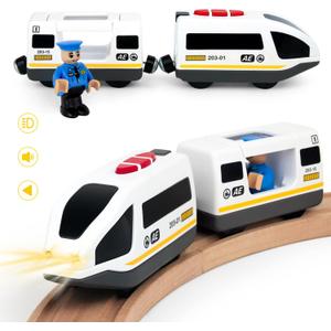 WOOD CITY Battery Operated Train for Wooden Track, Electric Locomotive Train Set with Powerful Engine Compatible with Thomas, Brio, Chuggington, Bullet Car Toys for Toddlers 3 4 5 Year Olds