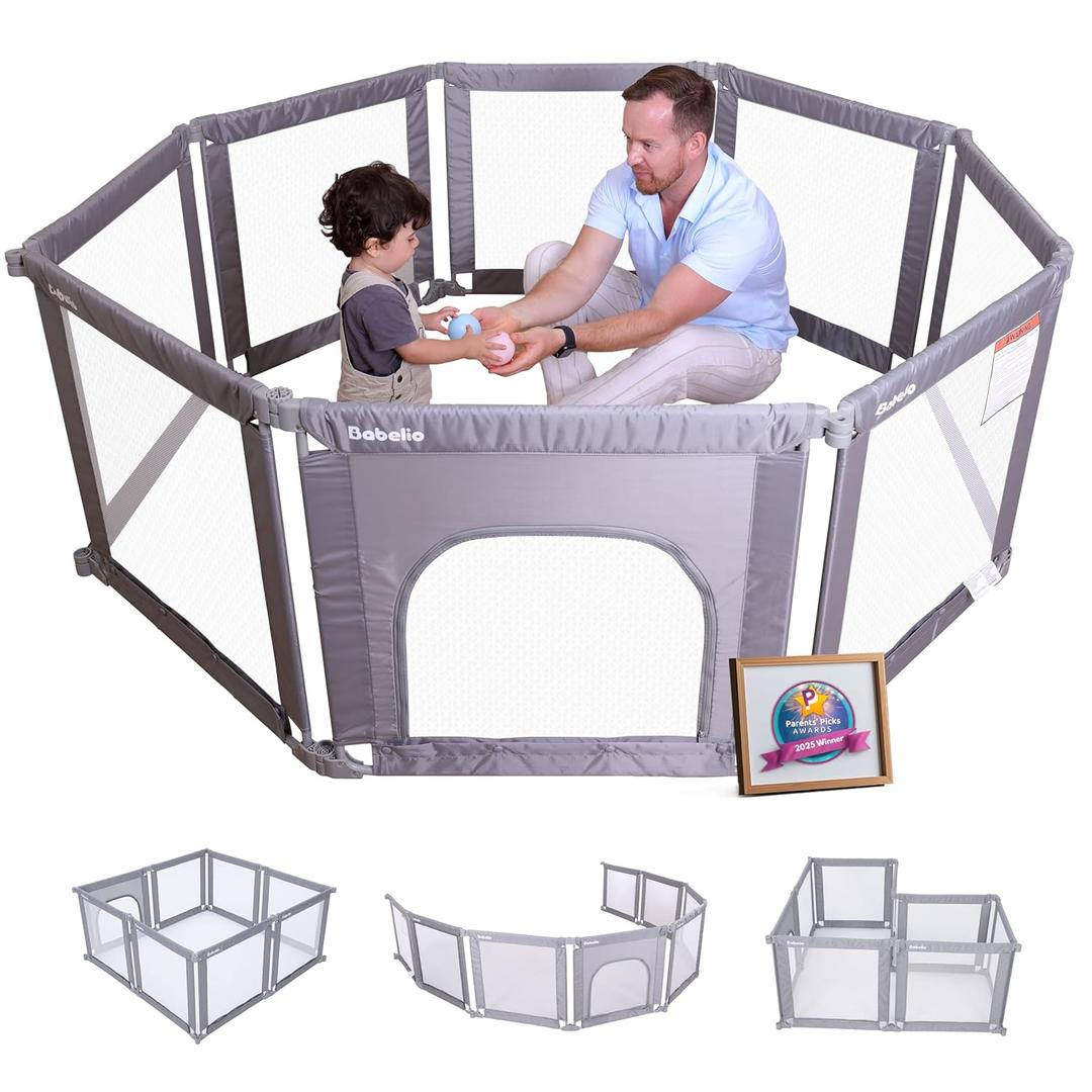 Babelio Foldable Playpen for Babies and Toddlers- Adjustable Shape & Area, Playpen with Zipper Gate, Portable Baby Fence for Indoor & Outdoor, Multi-Functional Baby Play Yard (62*62*27in)