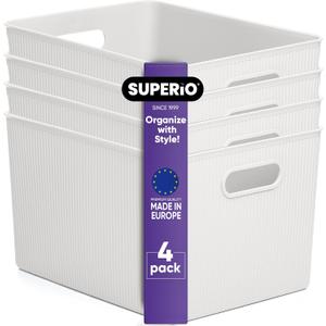 Superio Ribbed Collection - Decorative Plastic Open Home Storage Bins Organizer Baskets, X-Large White (4 Pack) Container Boxes for Organizing Closet Shelves Drawer Shelf 22 Liter/23 Quart