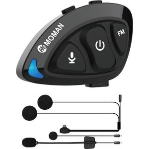 Moman Motorcycle Helmet Headset Speaker, RS-S Motorbike Helmet Headphone HiFi/Noise Cancellation/Auto Answer/FM Radio/AI Voice/IPX6 Waterproof with 2 Type Mics Earphone for All Helmets and Solo Riding (1 Pack)