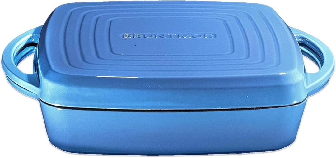 Bruntmor 2-in-1 Square Dutch Oven Casserole Dish with Lid, Dual Handles and Grill Pan for Baking, Braising and Grilling - Durable All-in-One Enameled Cast Iron Cookware Set for Kitchen, Whale Blue
