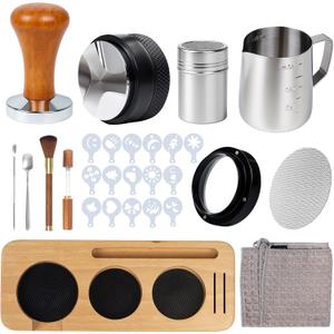 28PCS Espresso Accessories Kit,54mm Espresso Tamper Tools,Includes Wood Station,Distributor,Stirrer,Dosing Funnel,Brush,Puck Screen,Frothing Pitcher,Latte Pen,Powder Ring,Towel,Decorative Stencils
