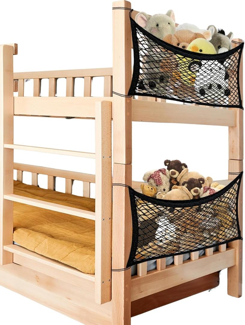 Stuffed Animal Storage Net for Kids, 2 Pack Bedside Toy Organizer Net - Neatly Store Your Stuffed Animals, Elastic Bedside Stuffed Animal Storage Net with Tether, Stretches up to 32 Inches (Black)