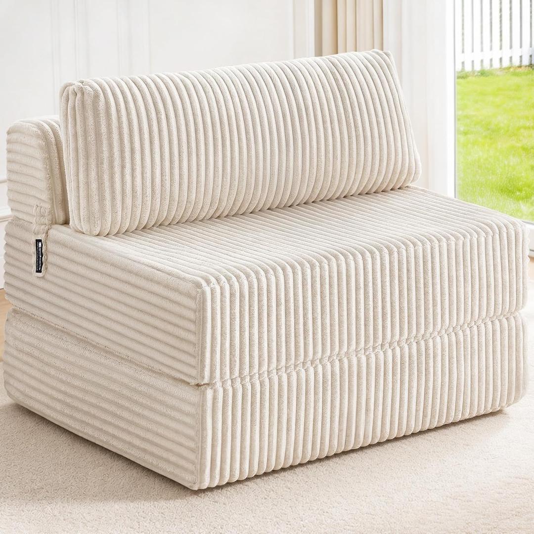 Convertible 4-in-1 Folding Sofa Bed Boneless Sleeper Chair Couch Foldable Chaise Lounger & Mattress Pocket Coils+Foam Fill Medium Support, No Assembly for Living Room/Bedroom, Twin Beige
