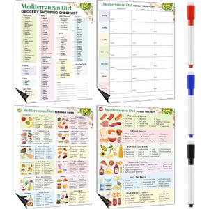 Xuhal 4 Pcs Magnet Mediterranean Diet Grocery Lists Chart 8.3 x 11 Food Portion Recommendation Chart Magnetic Recommended Food Journal Daily Meal Plan and 3 Dry Erase Pens