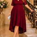 Plus Size Wedding Guest Dress Fall Formal Lace Burgundy Faux Wrap V Neck High Low Short Sleeve Cocktail Party Maxi Dresses (Red, M)