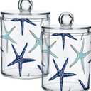 Bathroom Canister Set of 2, Beach Coastal Starfish Navy Blue and Turquoise Plastic Jars Holder Dispense Qtip Holder Storage Jars with Lids,Home Decor (B135)