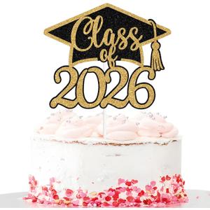 Class of 2026 Cake Topper, Congrats Grad Cake Decor, Congratulations 2026 Senior High School College Graduation Party Decorations Black and Gold Glitter