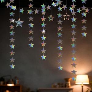 Hanging Stars Decorations, 52ft Star Garland (4 Strands x 13ft) & 7pcs Star Cutouts for New Years Decor & Happy New Year Banner, Iridescent Winter Holiday Party Decorations
