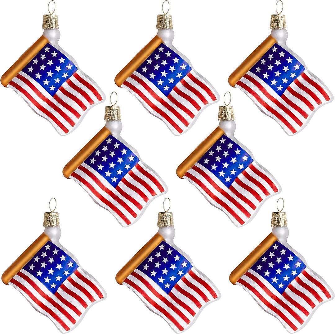 Watayo 8 PCS American Flag Glass Ornaments, Patriotic Glass Blown Flag Ornaments, 4th of July USA Flags Hanging Tree Decorations for Independence Memorial Veterans Day Decor