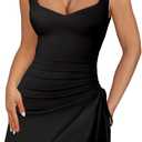 Lrady Womens Sexy Square Neck Bodycon Sleeveless Ruched Side Drawstring Flare Mini Party Club Short Dress (Medium, Black)