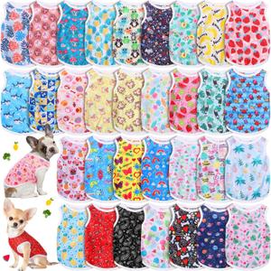 Yaomiao 32 Pack Summer Small Dogs Clothes Puppy Shirts Bulk, Breathable Sleeveless Pet T-Shirts, Cute Hawaiian Dog Clothes for Boy & Girl Dogs, Vest Apparel for Puppies Cats(Cartoon Series,M)