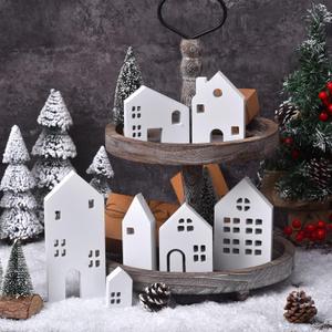 Wooden House Shaped Decor, Christmas Rustic Wooden Cottage Tabletop Block Sign Jesus Farmhouse Minimal House Ornament MDF Board Tiered Tray Decoration for Home Shelf Desk Office (White)