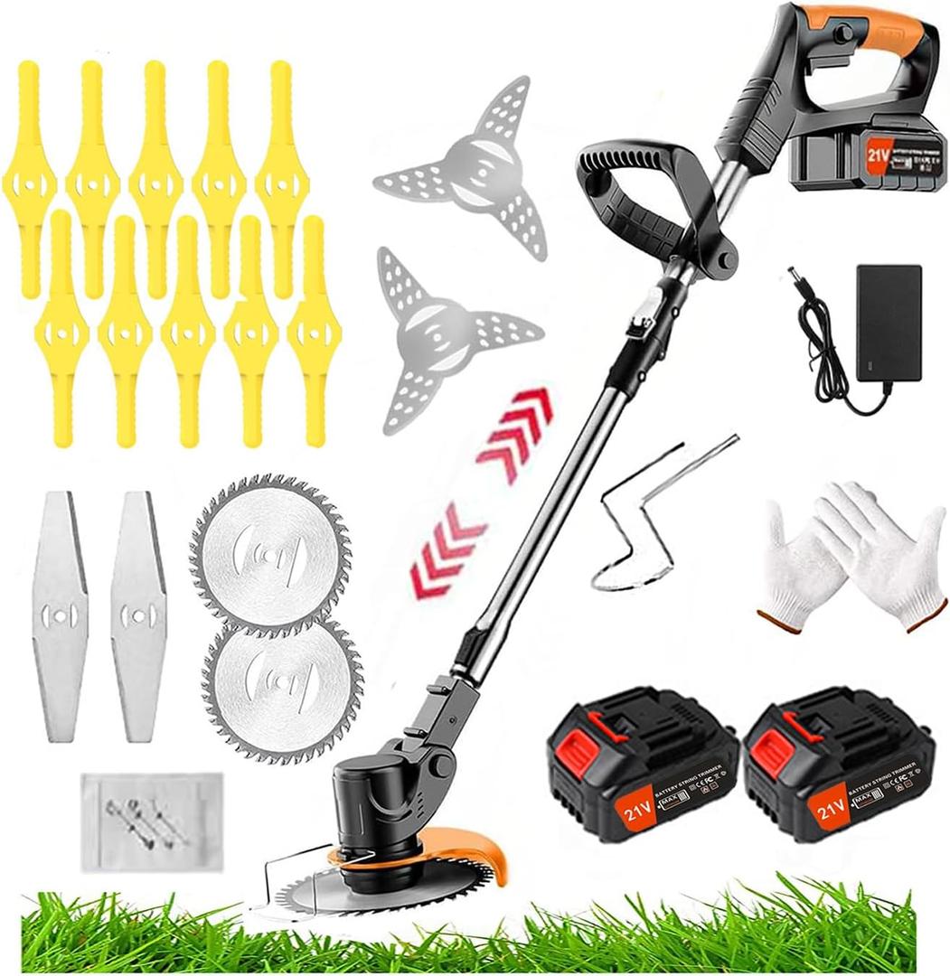 Cordless Lawn Mower with Battery and Charger,21V Lawn Trimmer Grass Edger with Two 2.0Ah Li-Ion Battery Powered & 3 Cutting Blade Types, Compact Power Tool for Lawn Yard WorkFoldable
