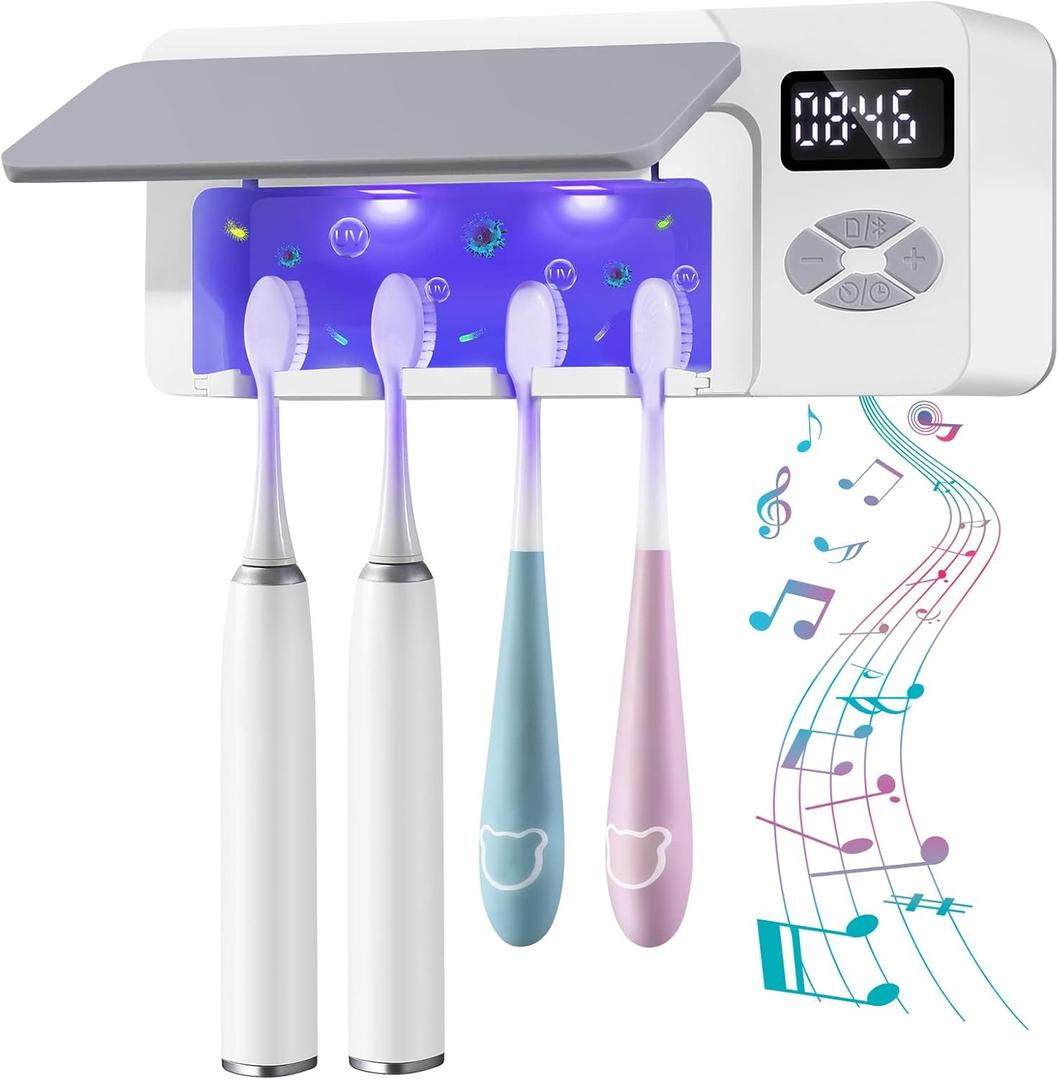 Toothbrush Holder with UV Cleaning, Multifunctional Bathroom Wall Mounted Toothbrush Holder with Bluetooth Music Player, 4000mAh USB Charging, Electric Toothbrushes Organizer