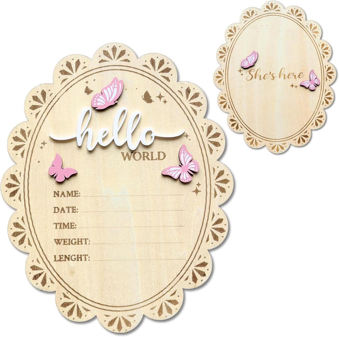 2 x Baby Announcement Sign, Hello World Newborn Sign for Hospital, Shes Here Card, Wooden Newborn Photography Props Double-Sided, Birth Announcement Sign, Gifts baby Shower, Nursery Room Decoration (QR2)
