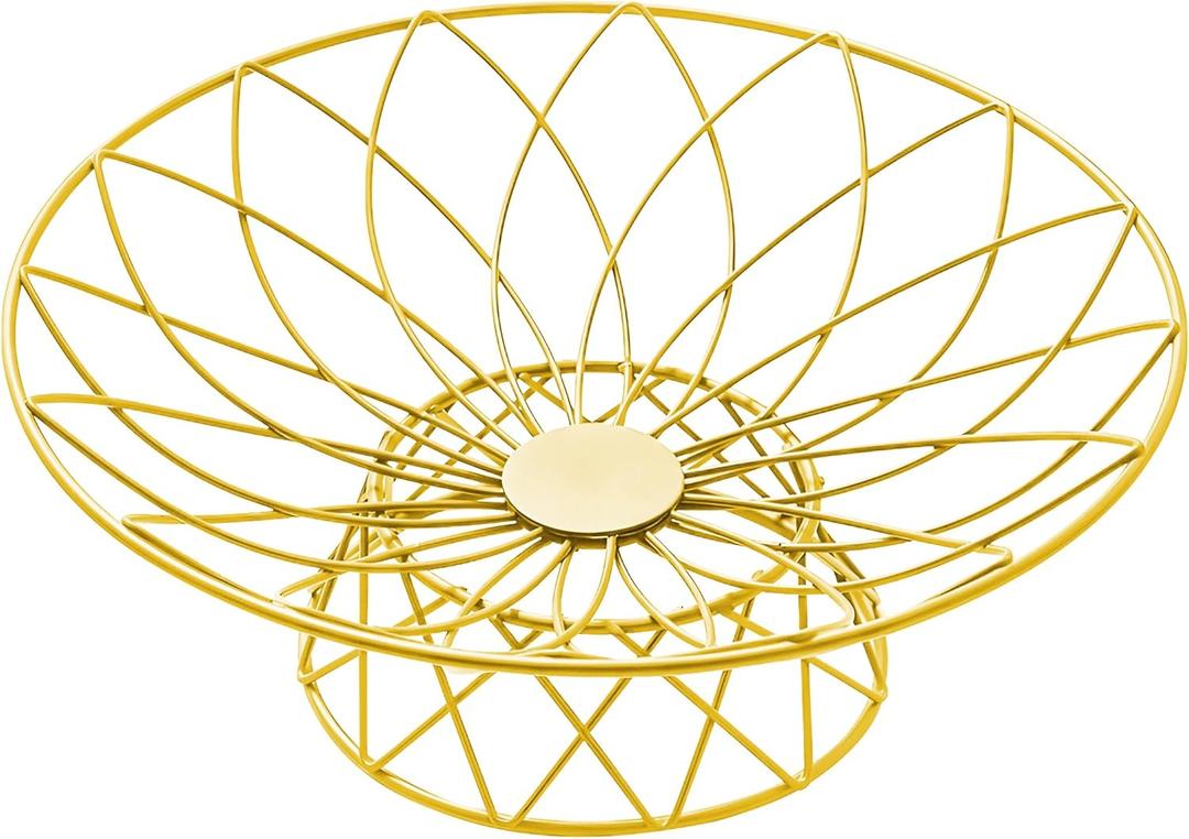 Large Metal Wire Fruit Bowl, Round Mesh Fruit Basket for Kitchen Countertop, Modern Decorative Bread Vegetable Storage Holder Organizer(Gold)