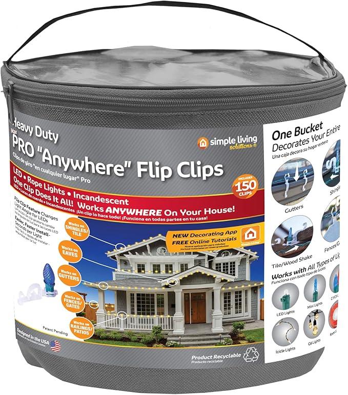 Simple Living Solutions 150ct Max Pro Anywhere Flip Clip with Fabric Storage Bucket- Christmas Light Hangers for Gutters- Compatible with LED Lights, Mini Lights, C7/C9 Lights, Icicle Lights and More