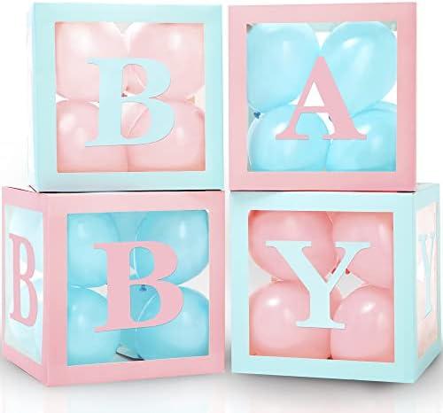 Vellax Baby Boxes with Letters for Baby Shower - Baby Shower Decorations of 44 pcs, 32 Pink Blue Balloons, 4 Blocks, 8 Letters, Perfect Party Decor