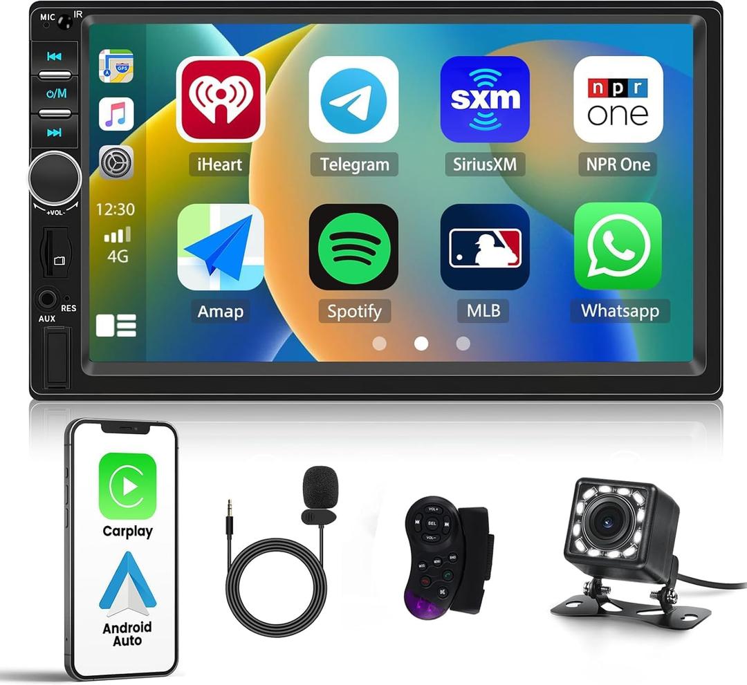Double Din Car Stereo with Apple Carplay Android Auto 7 inch Touchscreen Bluetooth 5.1 Radio Receiver with Backup Camera Mirror Link FM Multimedia Player Head Unit EQ USB TF AUX SWC MIC
