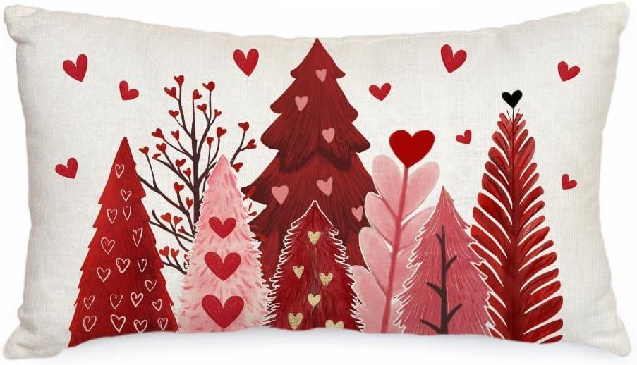 AACORS Valentine's Day Pillow Cover 12X20 Inch Watercolor Tree Heart Decor Pillow Case Farmhouse for Home Sofa Couch Decoration (Red)