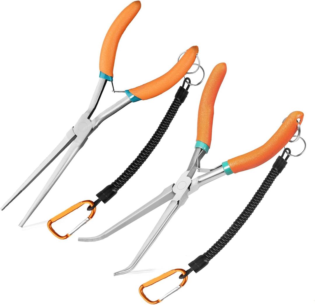 2 PCS Extra Long Bent & Straight Needle Nose Pliers Set for Jewelry Making & Fishing Hook Removal with Serrated Jaw