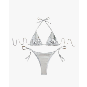 Women's 2 Piece Bikini Set Tie Up Bathing Suit Sexy Swimsuit Halter Brazilian String Metallic Adjustable Swimwear, M