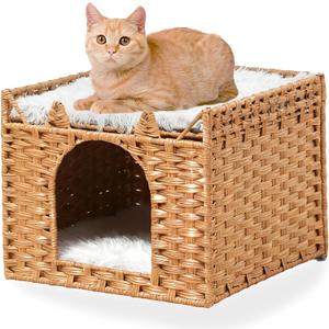 LUCKITTY Cat Bed with Ears - Handwoven Rattan Cat Cave House for Indoor Kittens, Foldable Hideaway with 2 Removable Cushions, 16.5x16.5x13.2 Inch Natural Pet Cube for Living Room/Bedroom Natural