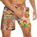 Qoekrfu Mens Swim Trunks 2 in 1 Pattern 5 Inch Swimming Beach Shorts Casual Summer Board Shorts with Pockets
 Size L