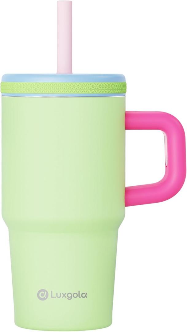 Kids 20 oz Tumbler with Handle, Leak-Proof Screw-On Lid with Removable Silicone Straw, Spill Proof, Reusable Stainless Steel Insulated Water Bottle, Gifts for Boys and Girls, Green Mix (1 Count)