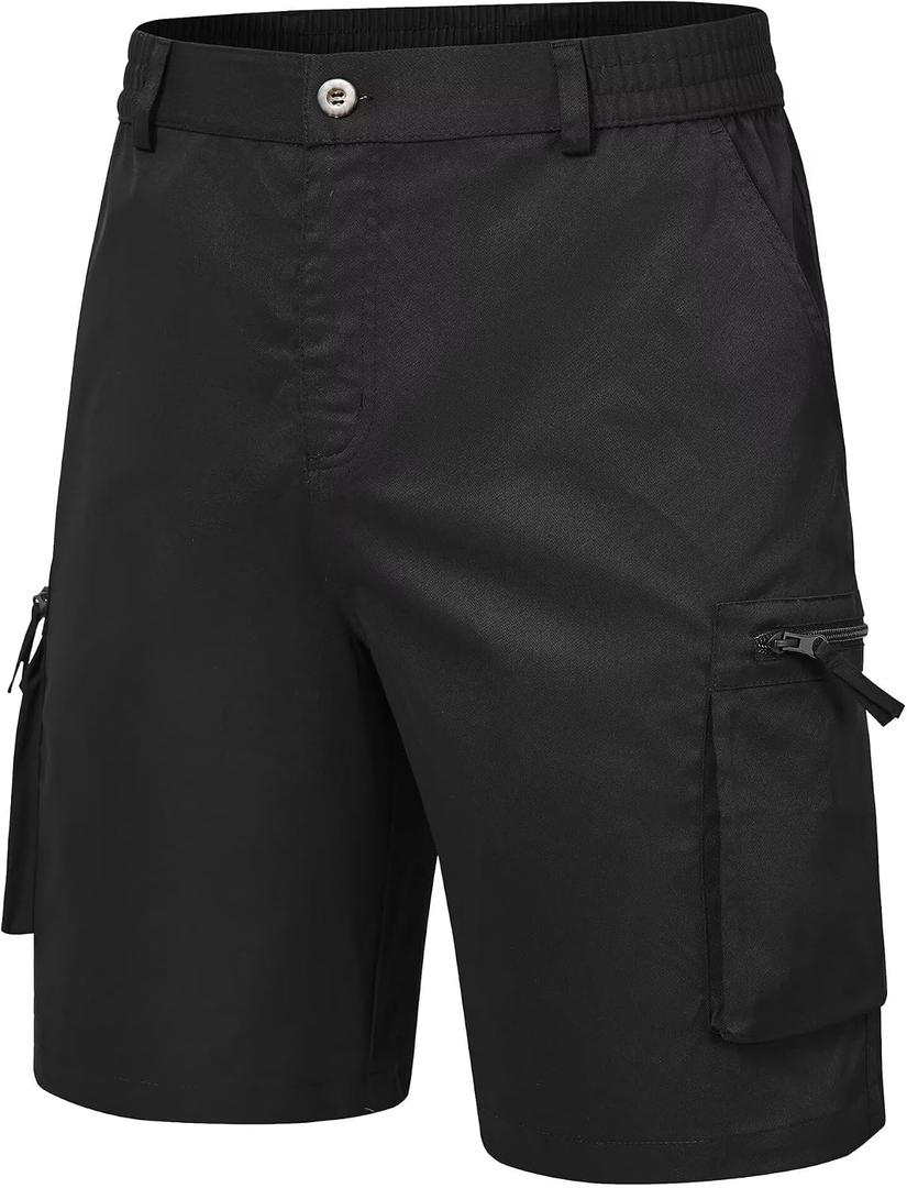 QPNGRP Men's 9" Inseam Stretch Waist Zipper Cargo Shorts with 6 Pockets (Black)