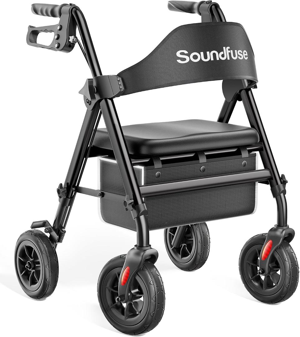 Soundfuse Foldable Rollator Walker for Seniors with Seat, 8'' PU Wheels, Black