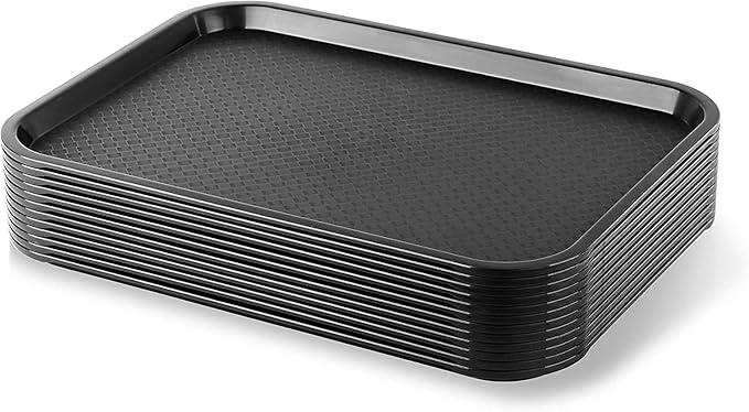 Rectangle Plastic Serving Trays– Cafeteria/Fast Food Tray, for Restaurant, School Lunch, Coffee Shop & Home Use – Durable, Dishwasher Safe, Stackable, BPA-Free, 12” x 16”Set of 12 Black