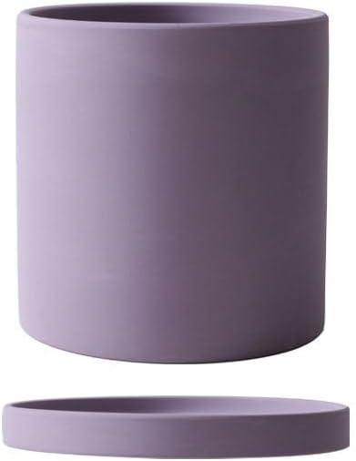 Straight Cylinder Nordic-Style Ceramic Planter with Tray for Potted Green Plants 3.6+4.9+5.9 inch. (Purple)