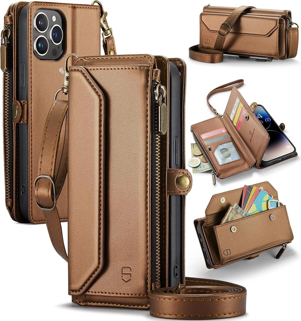 Wallet Case Compatible with iPhone 14 Pro RFID Blocking 7-Card Holder Soft PU Leather Magnetic Snap Shoulder Strap Zipper Pocket Phone Case Fit for iPhone 14 Pro 6.1" - Brown