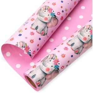 Ribbli Reversible Baby Girl Wrapping Paper Elephant with Pink Polk Dots Paper for Baby Shower Kids Birthday Party - 17Inch x 394Inch(33Feet)