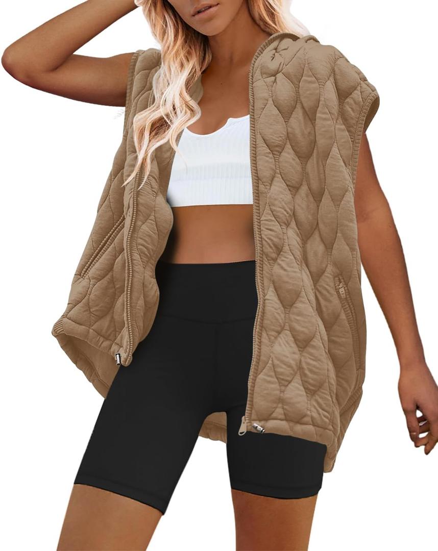 SENSERISE Womens Oversized Puffer Vest Sleeveless Quilted Jacket Zip Up Hooded Puffy Vest Winter Coats with Pockets (X-Large, Dark Khaki)