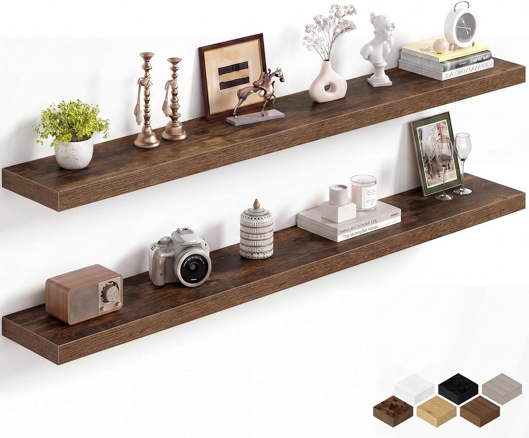 Fun Memories 60Inch Long Floating Shelves, 8 Inch Deep Shelves for Bedroom|Living Room, Wall Mounted Wood Hanging Shelf with Invisible Brackets for Fireplace Mantel Home Storage Decor, Brown - 2 Pack