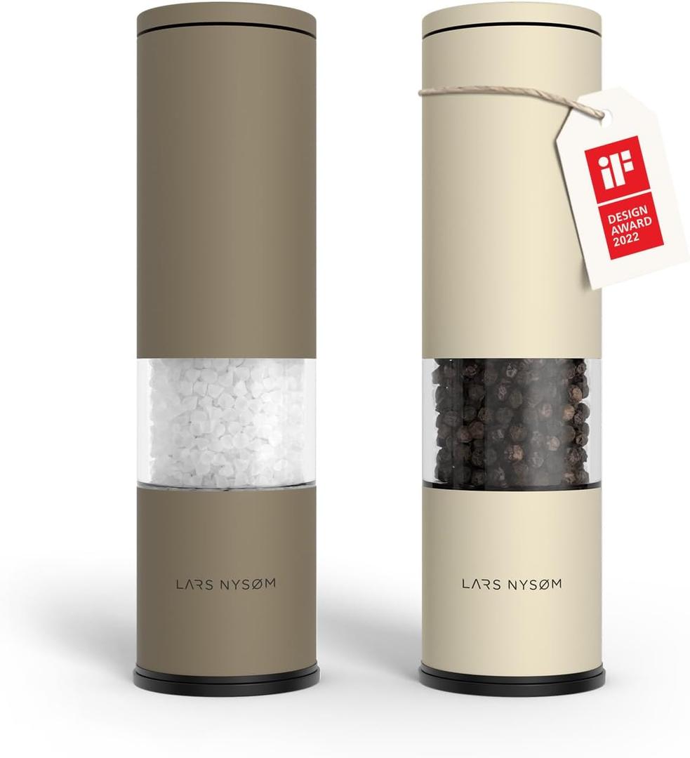LARS NYSM Salt and Pepper Grinder Set 2 pieces I Salt Pepper Mill with Adjustable Ceramic Grinder I Design Spice Grinder Set Manual (Brown/Beige)
