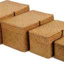 4 Pack, Wicker Baskets with Lids, Nautral Seagrass Storage Baskets, Woven Rectangular Basket Bins, Rattan Storage Organizer for Shelf (Natural)