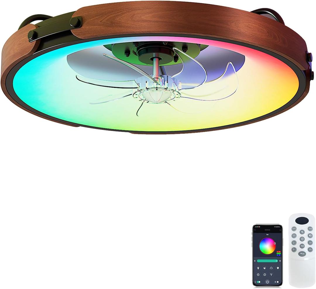 20 Inch RGB Ceiling Fan with Light, 30dB Ultra Quiet Low Profile Flush Mount Fandelier, Black Bladeless Ceiling Fans with Remote, Fits 8ft Low Ceilings for Bedroom Living Room Kitchen