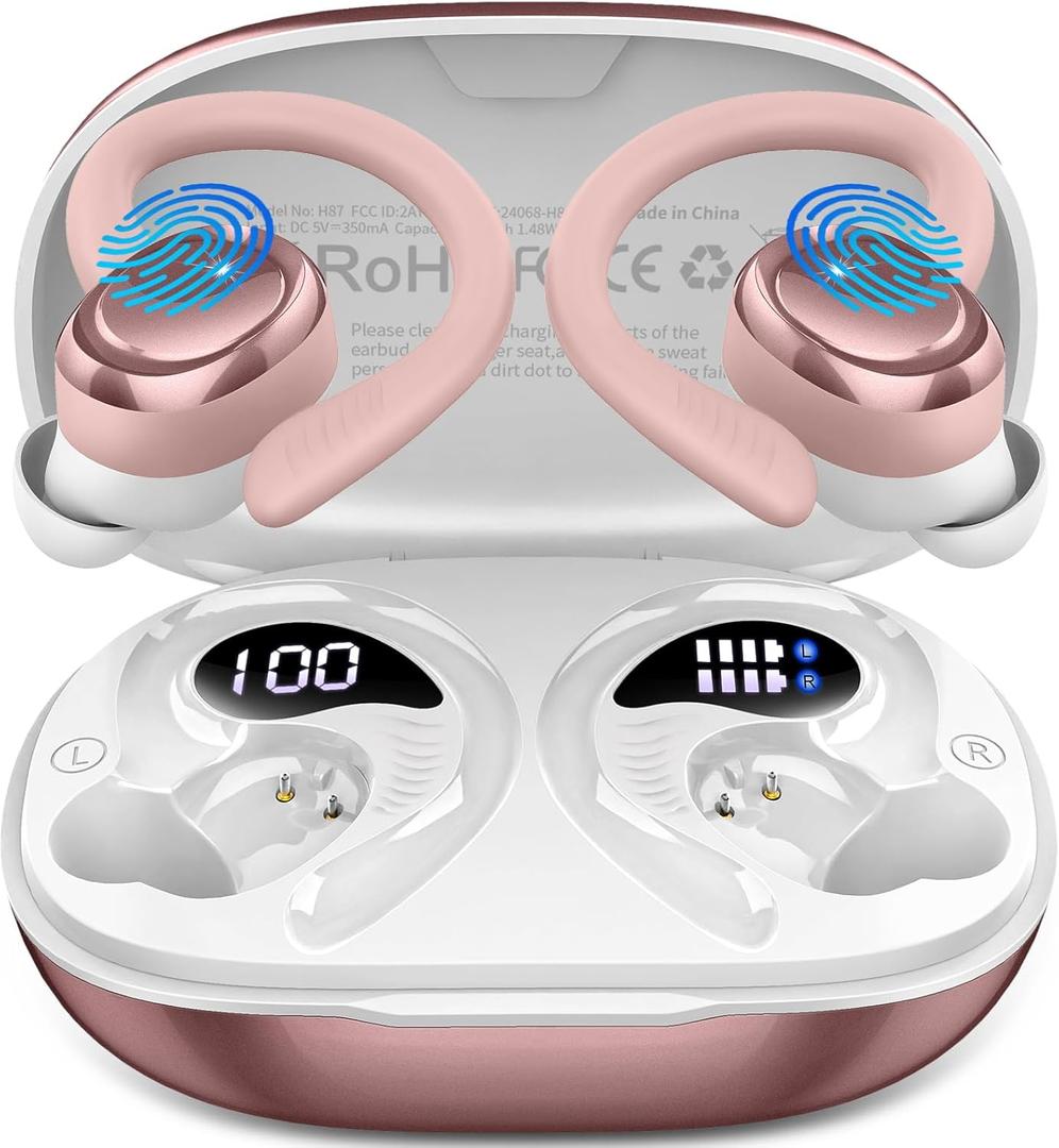 Wireless Earbuds Sport, Bluetooth 5.4 Headphones with Earhook, 2025 Hi-Fi Stereo Over Ear Buds, 50H Earphones with 4 ENC Noise Canceling Mics, IP7 Waterproof Headset for Running Workout (Android/iOS) (A-Rose Gold)