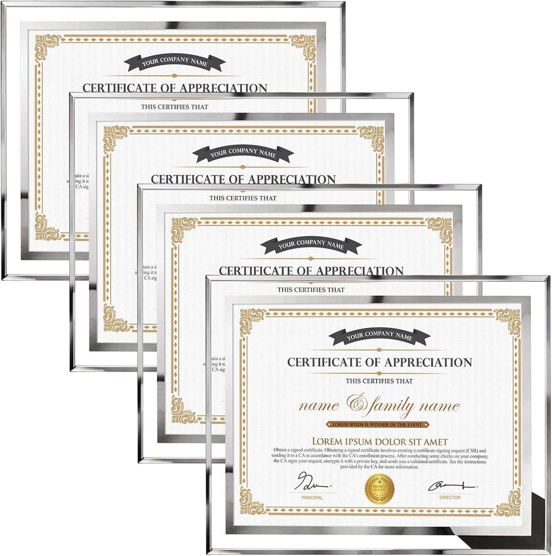Hoikwo 8.5x11 Picture Frames, 2 Packs Silver Glass Certificate Frames for Document Diploma Award, Only for Tabletop Display Vertically or Horizontally