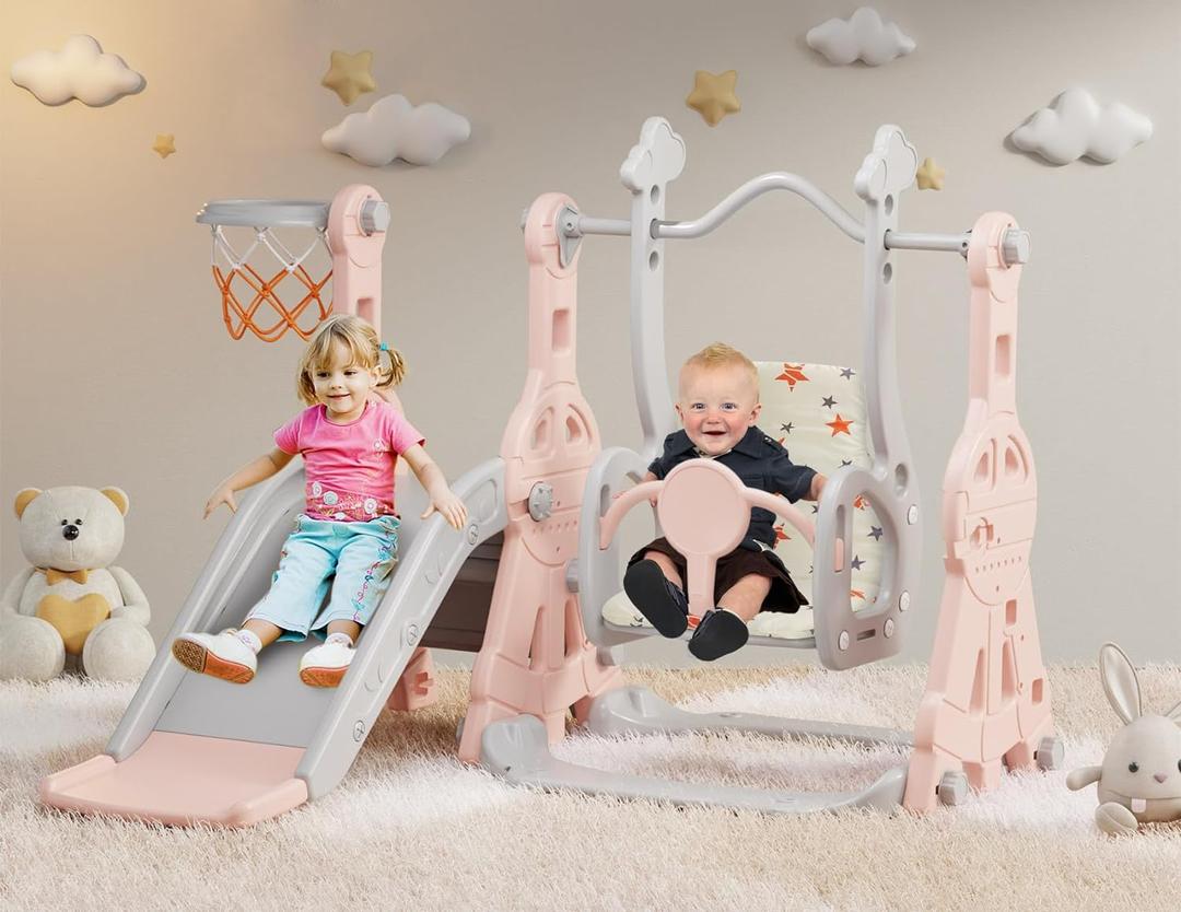BIERUM 4 in 1 Toddler Slide and Swing Set, Baby Slide for Toddlers Age 1-2, with Basketball Hoop, Indoor Outdoor Slide Playset Toddler Playground Pink