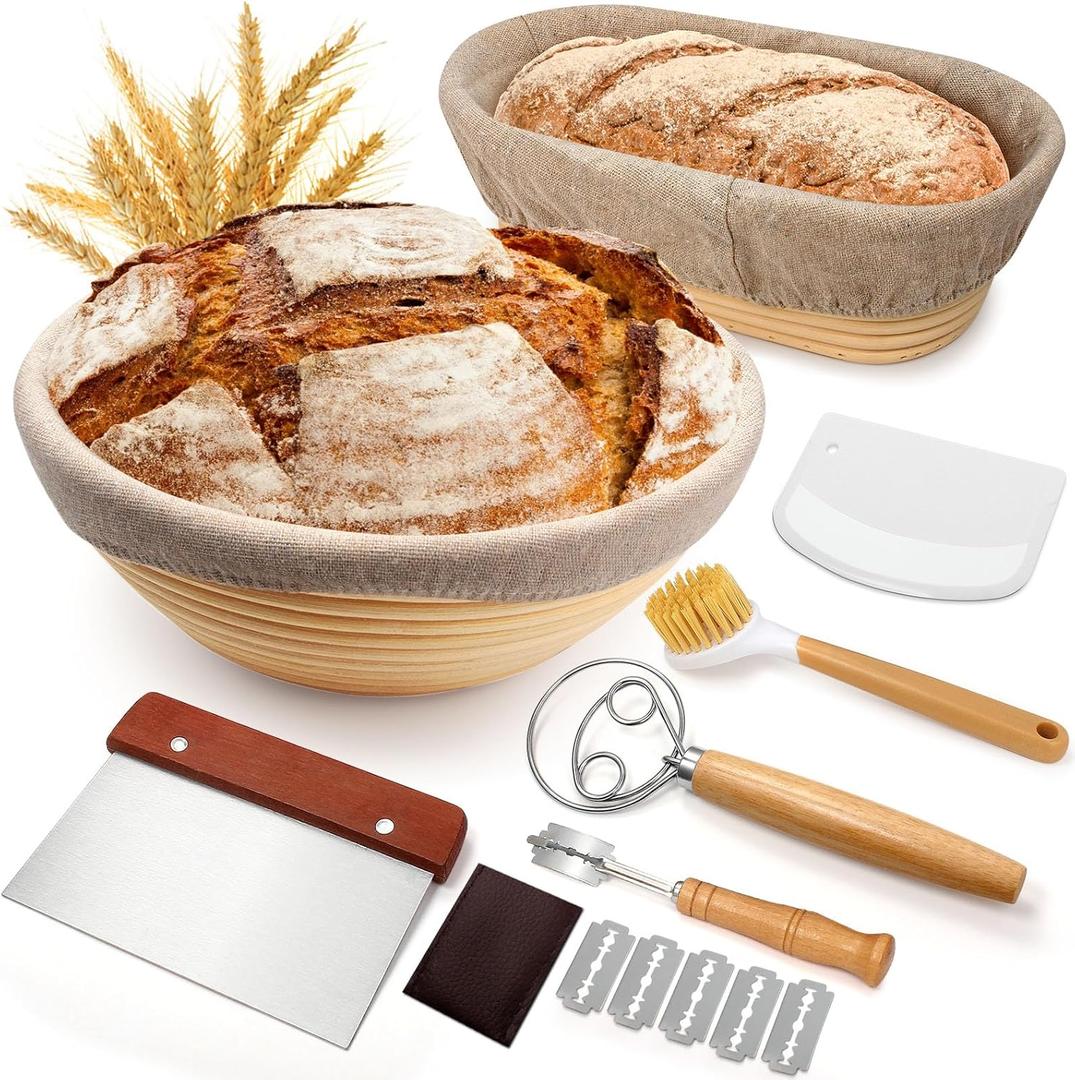 Sourdough Proofing Basket Gift Set, 9" Round and 10" Oval Banneton Bread Baking Supplies, Sourdough Baskets with Bread Lame, Danish Whish, Bowl Scraper, Sourdough Scraper, and Linen Liner (9-Piece Kit)