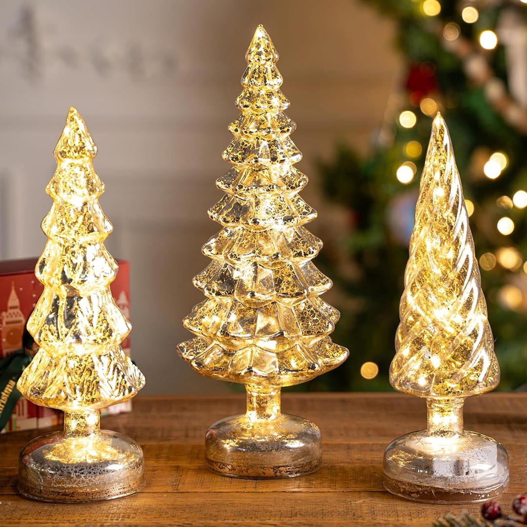 3 Pcs Mercury Glass Christmas Tree Tabletop Christmas Tree with Light,12 in Silver GlassTrees Figurines with LED Lights Figurine for Mantel Centerpieces,Christmas Glass Tree Ornaments (Gold)